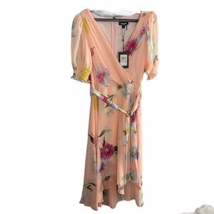 DKNY Floral Chiffon High Low Dress Belted Blush